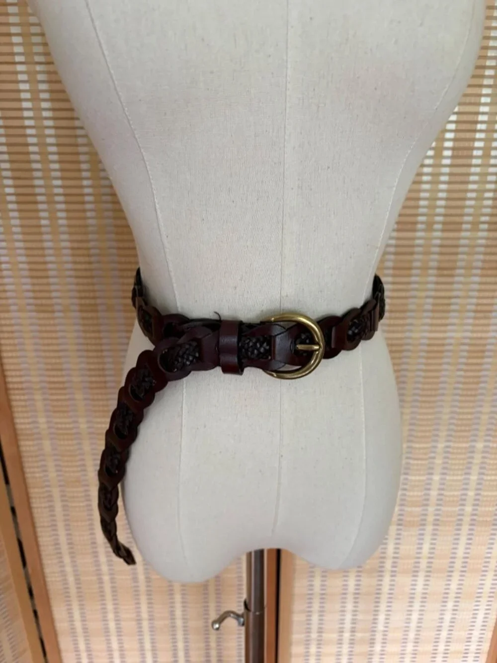 Vintage Style Brown Woven Belt Brass Tone Buckle | Braided Boho Waist Belt Small